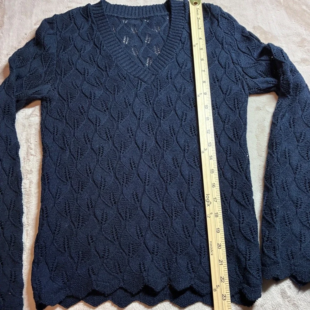 Handmade Vintage Navy Pointelle Knit 2 Piece Skirt Set Scalloped V-Neck Midi